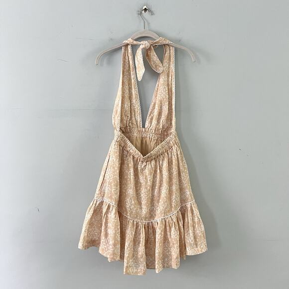 NWT Mon Renn Havana Crochet Print Tan Linen Halter Mini Dress - Picture 2 of 5